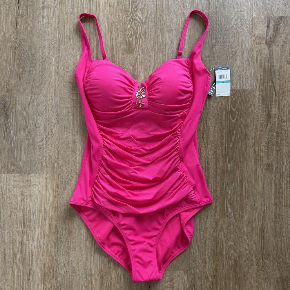 NWT JANTZEN Hot Pink One Piece Slimming 1pc SWIMSUIT Womens Size 16